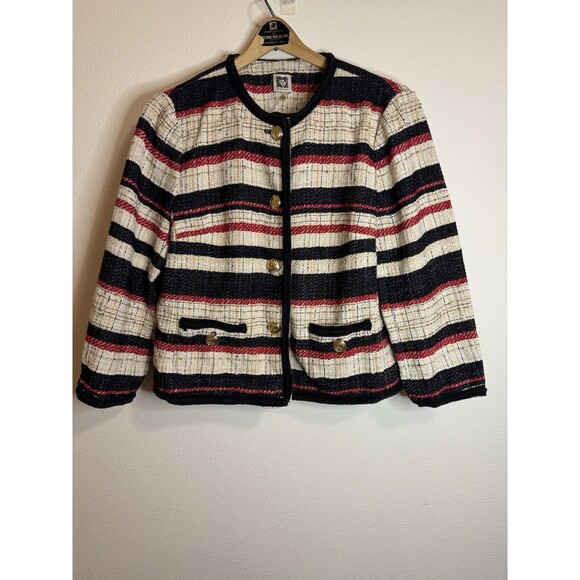 Anne Klein Blazer Tweed Jacket Women’s Size 14 Red Blue Nautical Boucle Striped - Picture 1 of 8